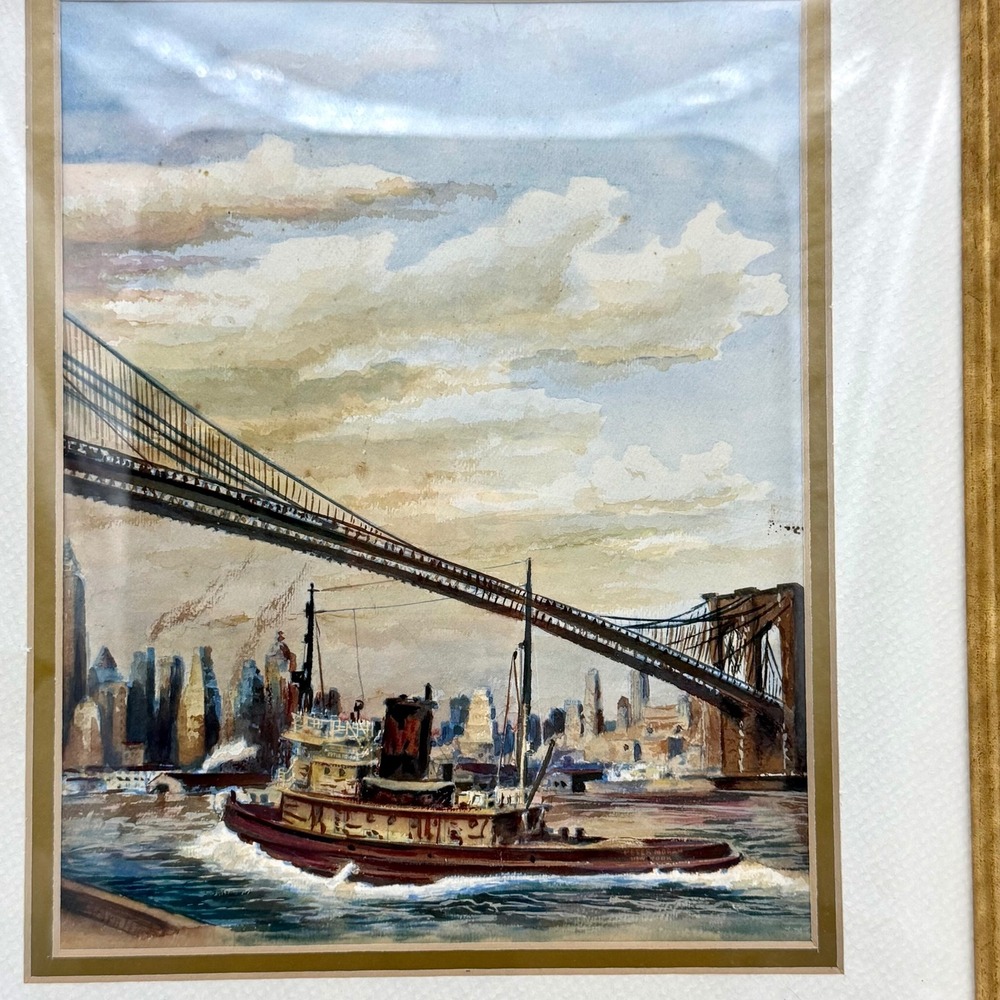 W.S. Arnholt Original Watercolor Painting NYC Brooklyn Bridge Tugboat Framed Art